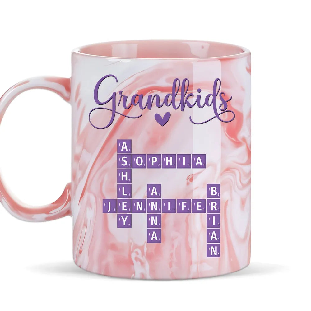 Grandkids Purple Crossword Wildflower Pattern - Personalized Marble Mug - Gift For Grandma Mom, Mother's Day, Birthday Gift