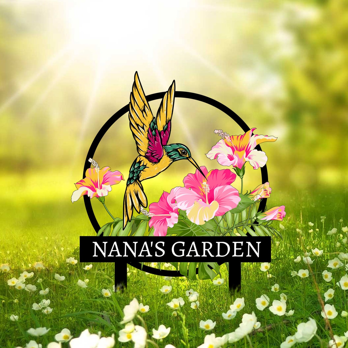Custom Hummingbird Metal Garden Stake, Bird with Stakes Garden Sign, Personalized Garden Name Sign, Mother's Day Gift, Outdoor Decor