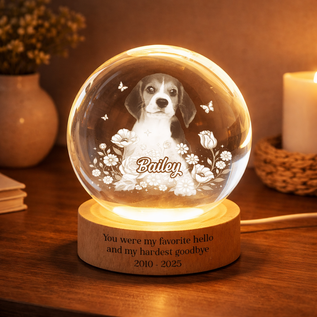 Custom Pet Portrait - Personalized Crystal Ball LED Night Light - Heartfelt Gift for Pet Lovers, Memorial Gift, Pet Remembrance