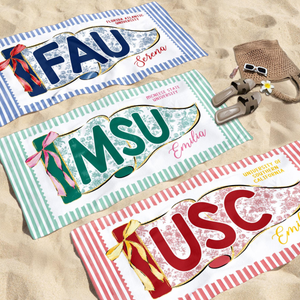 Personalized School Spirit Beach Towel: Coquette College Pennant Flag Towel, Grandmillennial Striped Towel, Sorority Girls Graduation Gift
