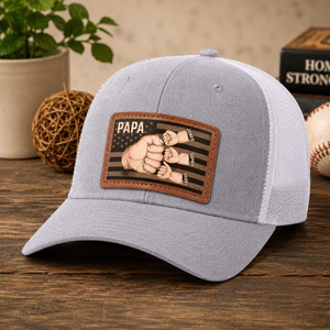 American Dad & Kids Are Unstoppable - Personalized Leather Label Net Hat - Gift For Dad, Grandpa, Father's Day Gift
