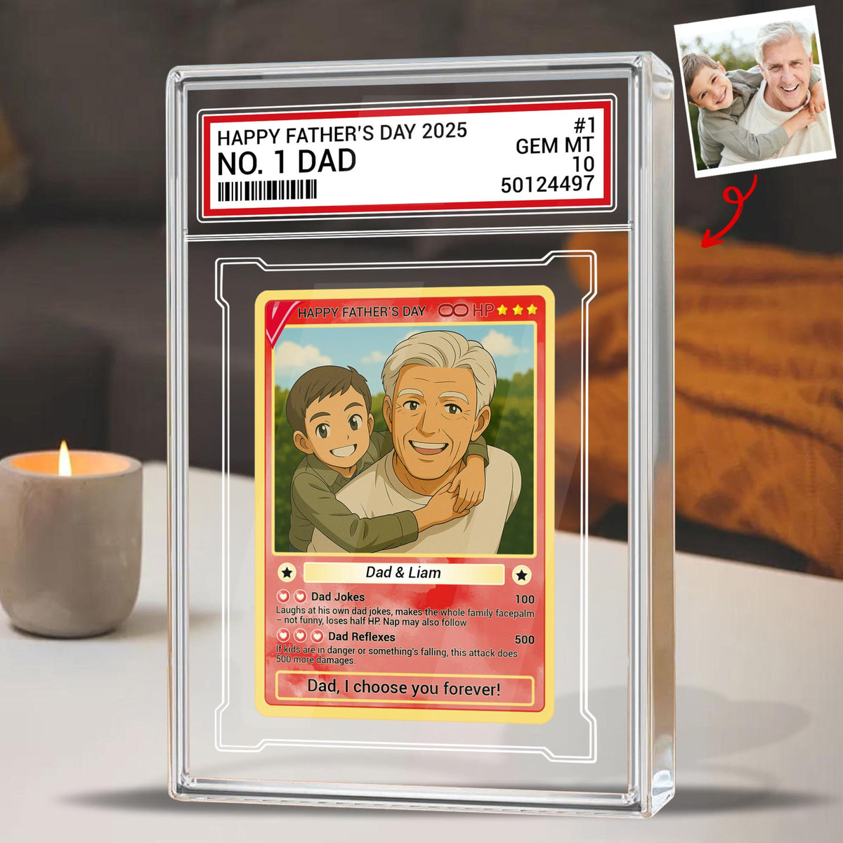 Personalized Fathers Day Gift Trading Card Style Acrylic Plaque, Grandpa, Anime Photo Acrylic Block, Gift For Dad From Kid