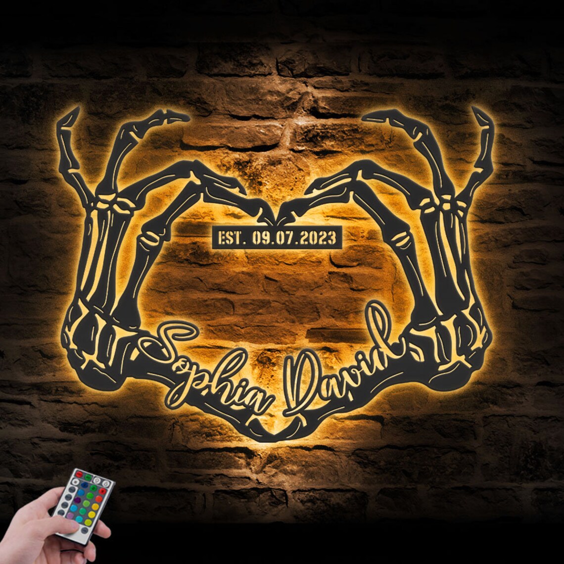 Custom Skeleton Hand Heart Name And Date Metal Wall Art LED Light, Personalized Heart Infinity Sign Decor, Couple Halloween Love Decoration