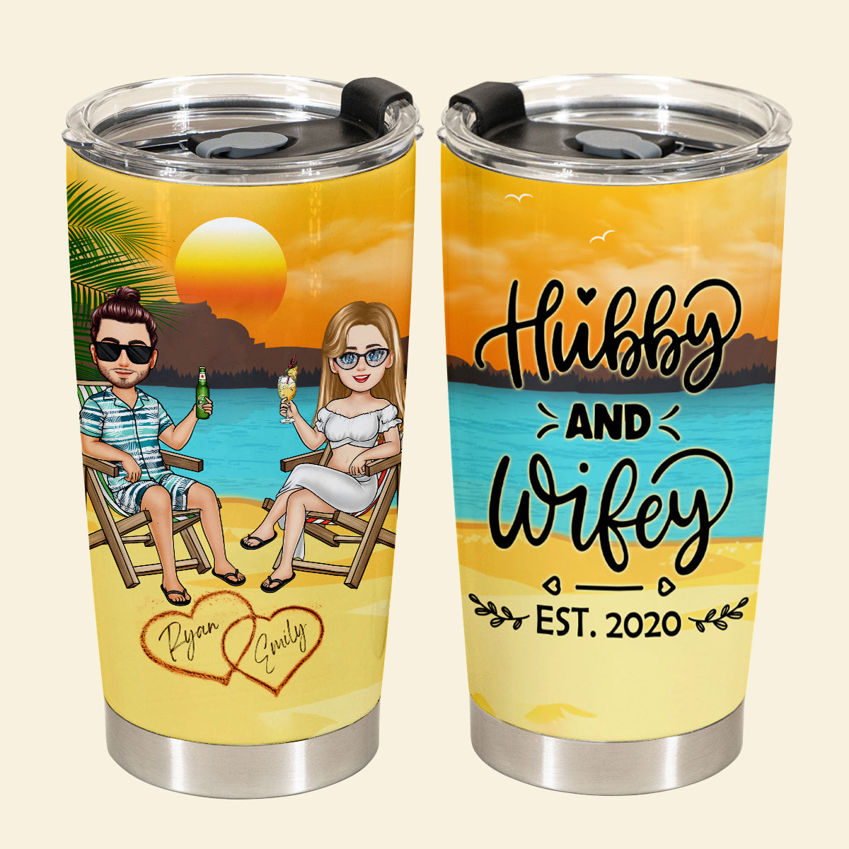 Hubby & Wifey - Personalized Tumbler - Gift For Couple, Beach, Summer Vacation