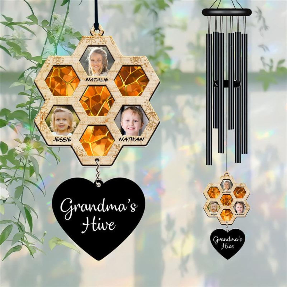 Personalized Honeycomb Wind Chime, Custom Grandma s Hive Wind Chime, Honeycomb Design with Photo, Name, Gift for Grandma, Gift for Mom, Nana