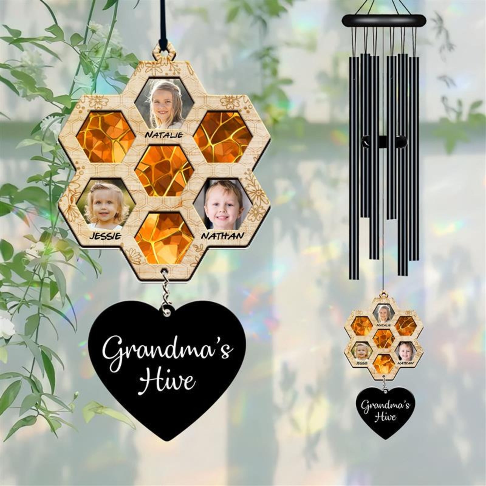 Personalized Honeycomb Wind Chime, Custom Grandma s Hive Wind Chime, Honeycomb Design with Photo, Name, Gift for Grandma, Gift for Mom, Nana