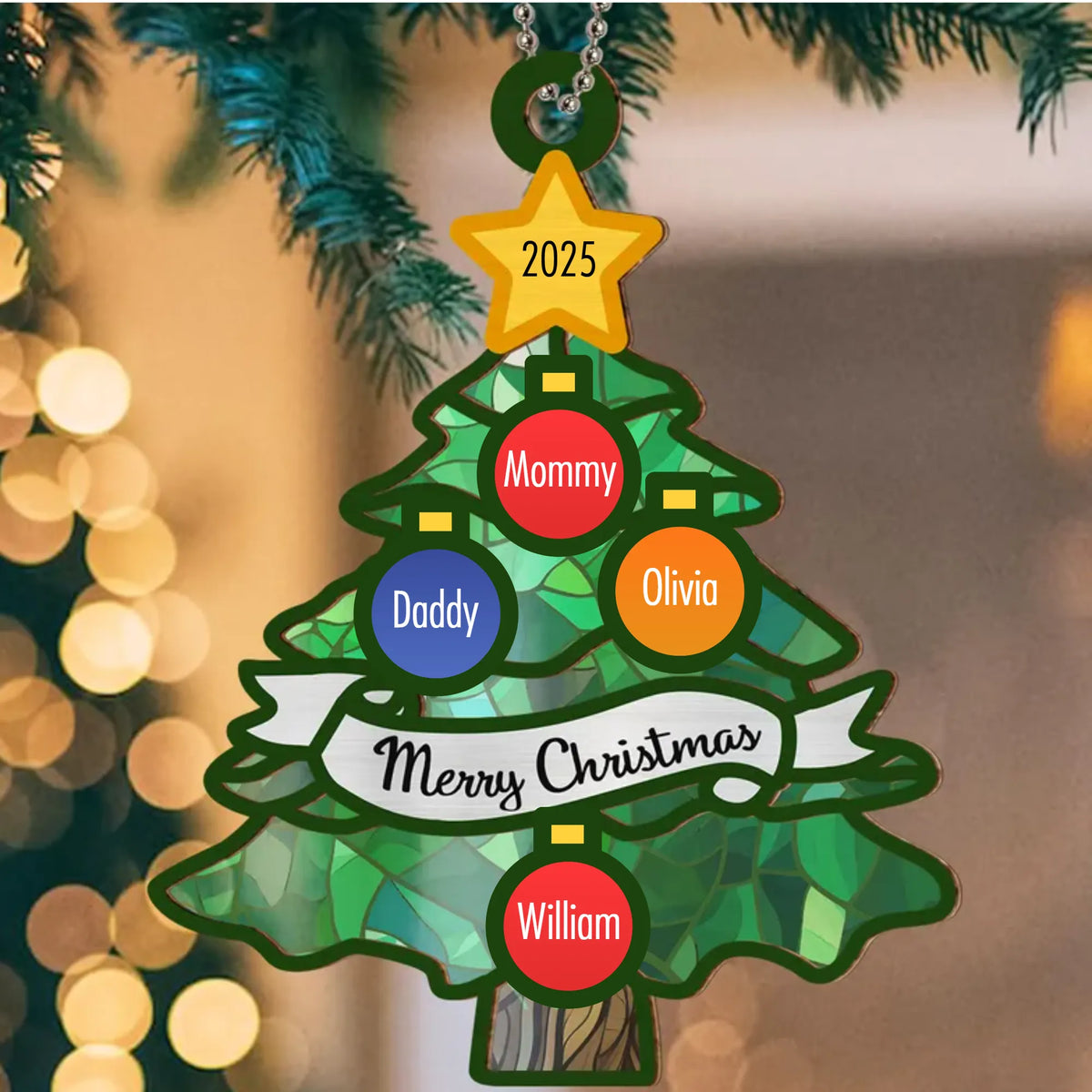 Christmas Tree Stained Glass Family Name - Personalized Suncatcher Ornament - Gift For Family, Christmas Decor