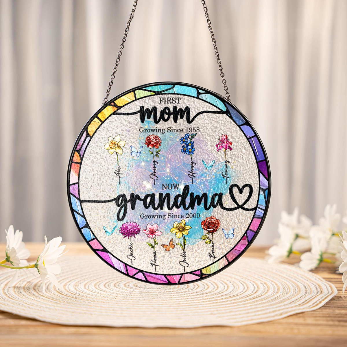 First Mom now Grandma Stained Glass Suncatcher, Grandma's Garden Suncatcher, Birth Flower Stained Glass Suncatcher Mothers Day Gift For Mom