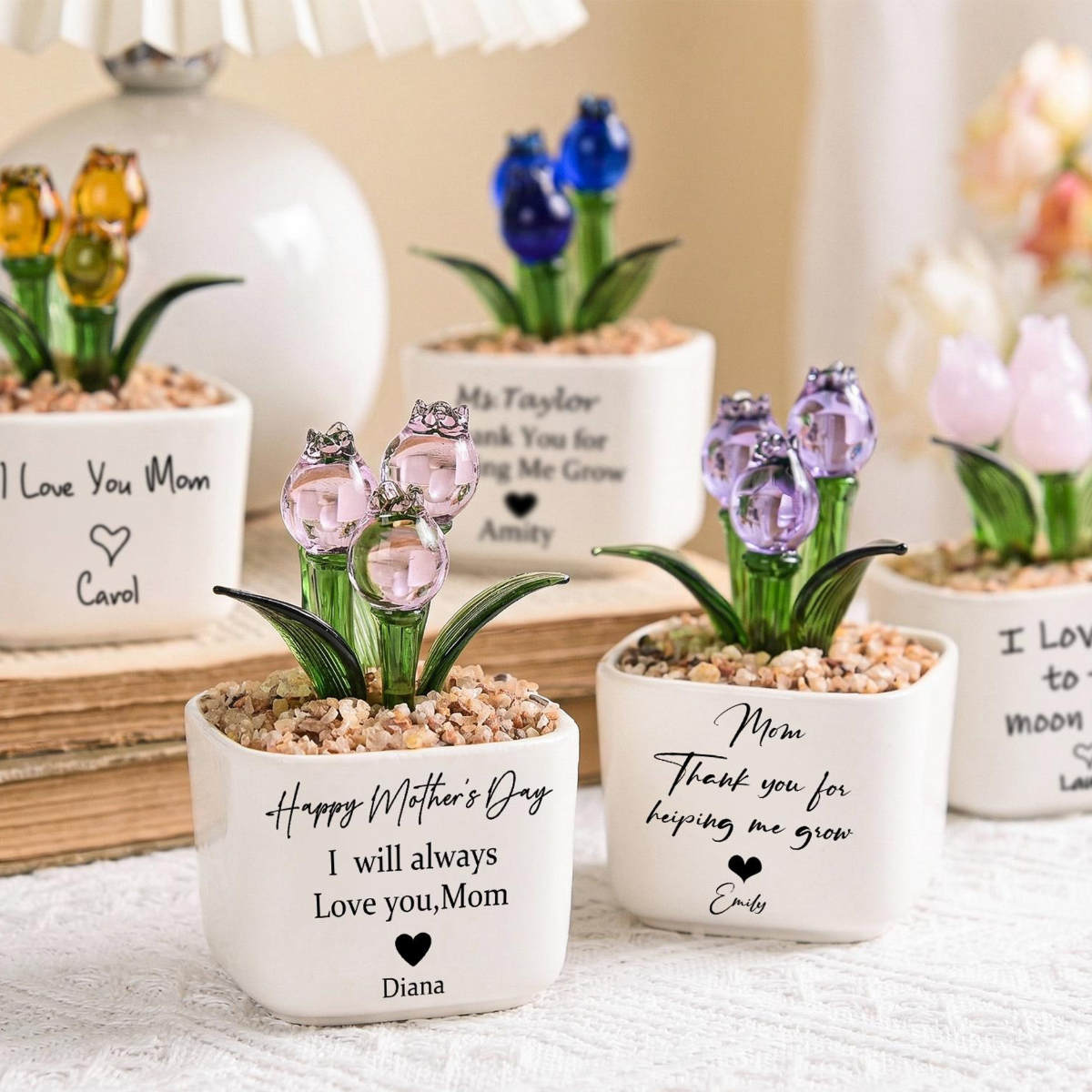 Glass Tulip Gift for Mom, Personalized Glass Flower Pot, Mother's Day Gift, Custom Everlasting Floral Desk Decor