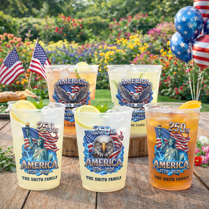 Personalized America Freedom Frosted Party Cup, Custom Family Name Independence Day Drinkware, 4th Of July Gift