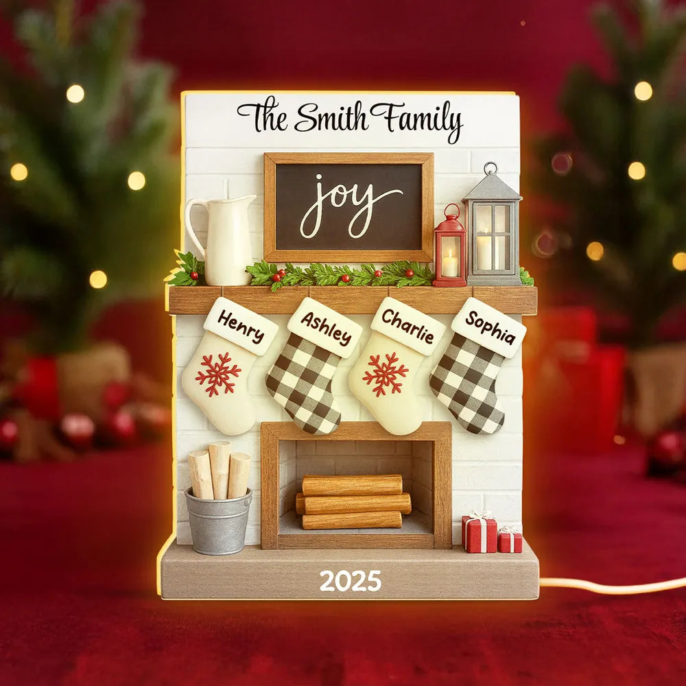 Family Fireplace Mantle Tree Home Stocking Stuffer - Personalized Light Box - Gift For Family, Christmas Home Decoration