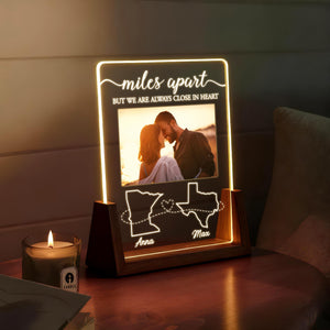 Valentine Long Distance LED Lamp, Personalized Photo Map Couple Gift, Miles Apart But Always At Heart, Gift For Couple