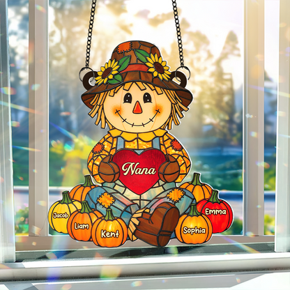 Fall Scarecrow Grandma with Pumpkins Grandkids Names - Personalized Suncatcher Ornament - Autumn Gift For Grandma & Family