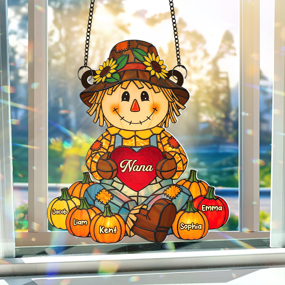 Fall Scarecrow Grandma with Pumpkins Grandkids Names - Personalized Suncatcher Ornament - Autumn Gift For Grandma & Family