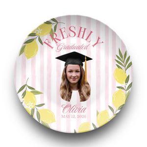 Lemon Themed Graduation Party, Custom Photo Plate, Freshly Graduated, Welcome Sign Custom Citrus Grad Party Plate, Pastel Pink Lemon Table Decor