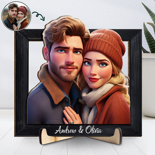 Couple Cartoon Customized Photo - Personalized Wooden Plaque - Valentine's Day Gift For Couple