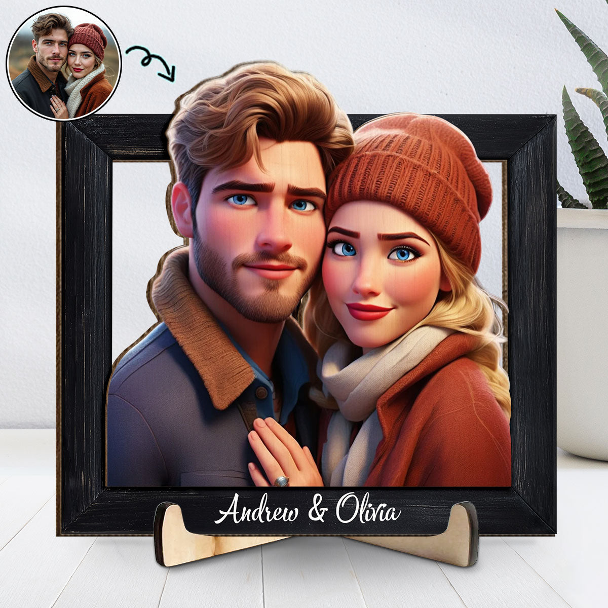 Couple Cartoon Customized Photo - Personalized Wooden Plaque - Valentine's Day Gift For Couple