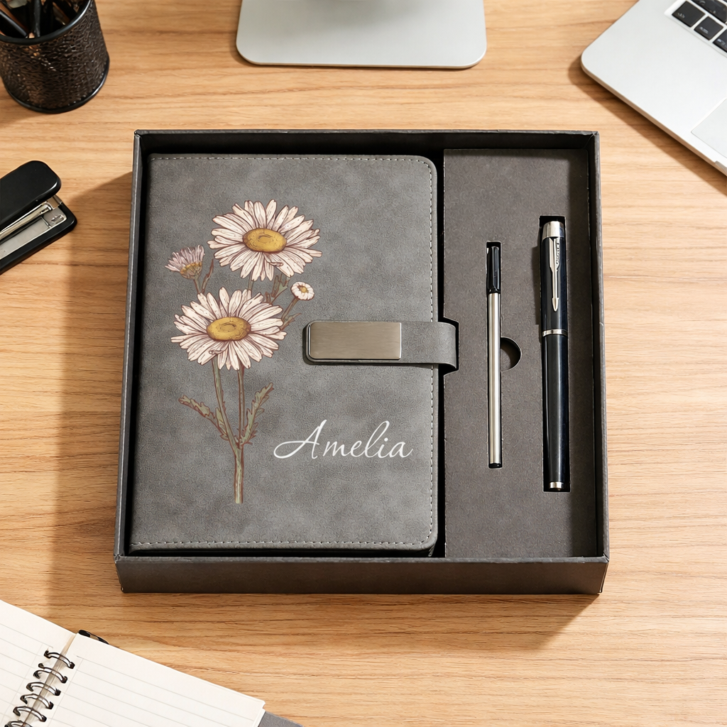 Personalized Bridesmaid Birth Flower Notebook Set, Custom Name Journal with Pen, Bridesmaid Gift, Bridal Party Gift, Maid of Honor Gift