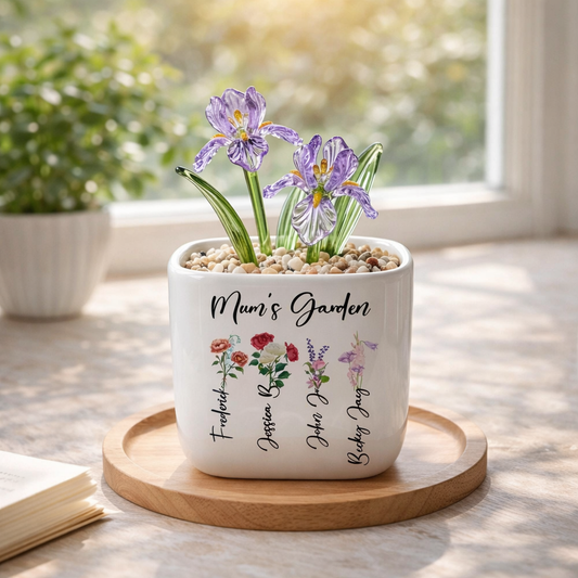 Personalized Birth Flower Plant Pot, Mum's Garden Gift, Custom Lily Rose Glass Flower for Mom, Mothers Day Gift, Family Flower Planter