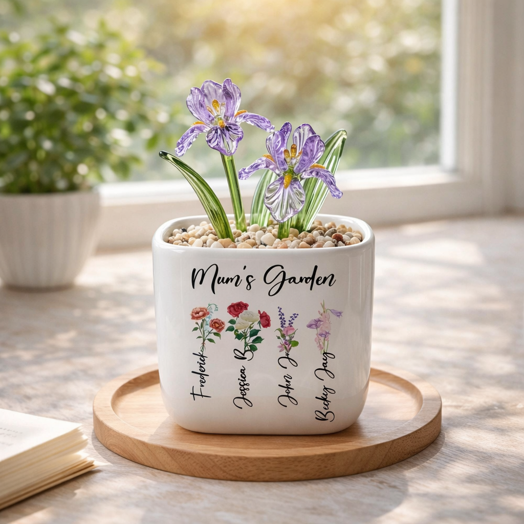 Personalized Birth Flower Plant Pot, Mum's Garden Gift, Custom Lily Rose Glass Flower for Mom, Mothers Day Gift, Family Flower Planter