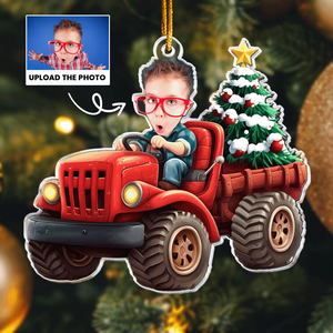 Kids Riding Red Truck With Christmas Tree - Personalized Acrylic Shaped Ornament - Christmas Gift For Kids
