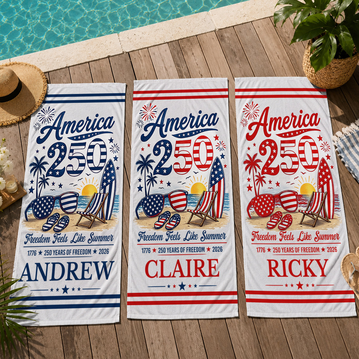 Custom Beach Towel - Personalized America 250th Anniversary, Summer Vacation And Travel Gifts For Mom, Dad, Brother, Sister, Kids - Born Free, Beach Bound