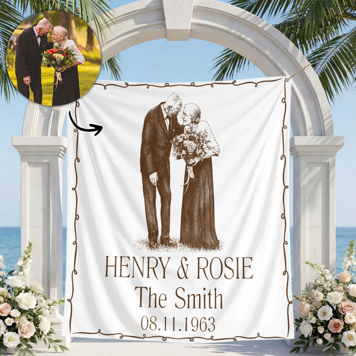 Custom Photo Pencil Sketch Couples Wedding Engaged Bachelor Party - Personalized Backdrop