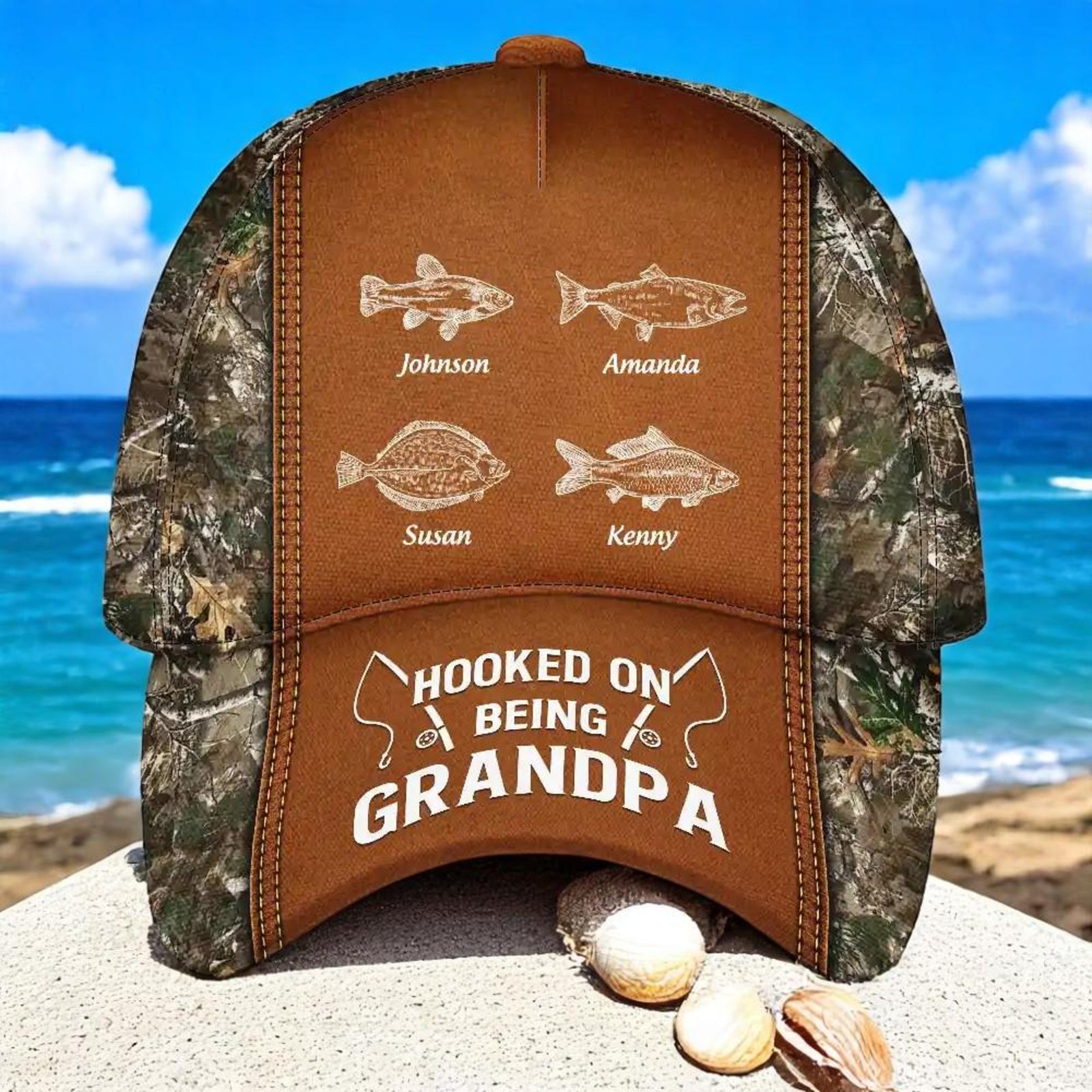 Hooked On Being Dad and Grandpa Fishing Cap - Personalised Classic Cap, Father's Day Gift For Dad, Cap For Grandpa, Dad And Kid Name Cap