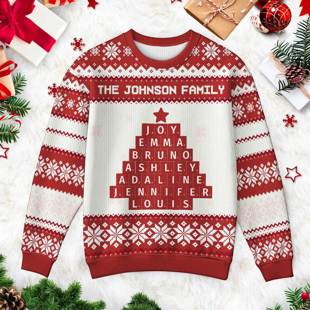 Unique Word Art Family Member Names Personalized Faux Knitting Ugly Sweater