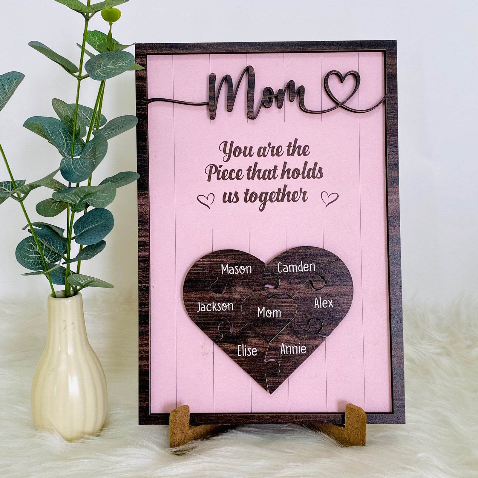 Personalized Puzzle Mom Sign Mother's Day, Love Heart Engrave With Pink Background, Gifts From Kids, Wooden Sign, Puzzle Pieces