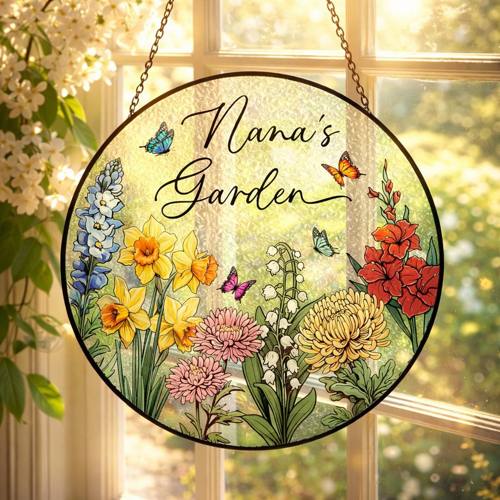Custom Family Birth Flowers Glass Suncatcher, Custom Mom's Garden Gift, Flower Glass Art, Birth Flower Gift For Nana, Mother's Day Gift For Mom