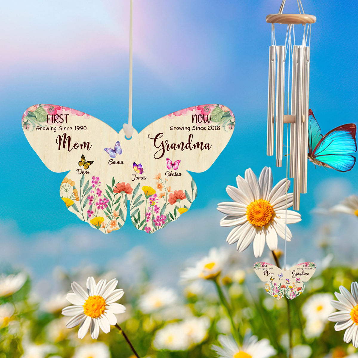 First Mom Now Grandma Butterfly Shape Pendant - Personalized Windchime - Gift For Grandma, Mother's Day, Birthday Gift