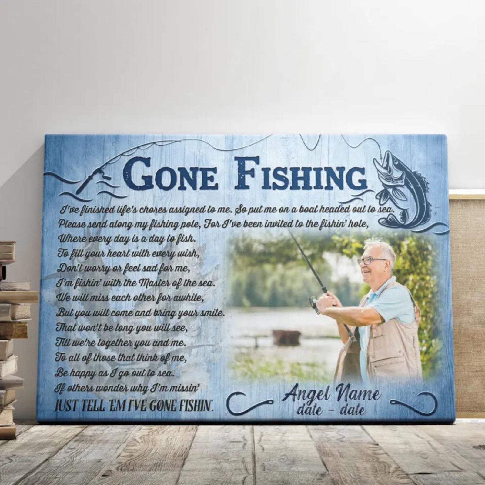 Memorial Gone Fishing - Personalized Canvas - Sympathy Gift for Family, Memorial Father Grandpa