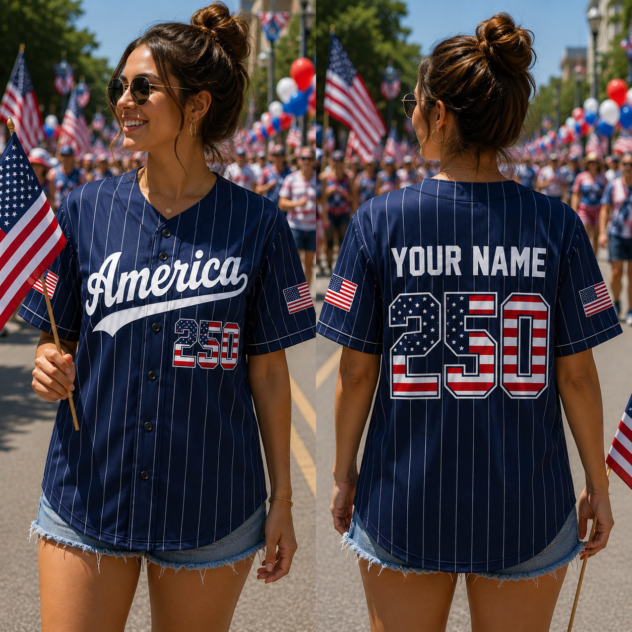 Personalized America 250 Baseball Jersey, Custom Name Number USA Flag Jersey, Patriotic Pinstripe Baseball Shirt, 4th of July Gift