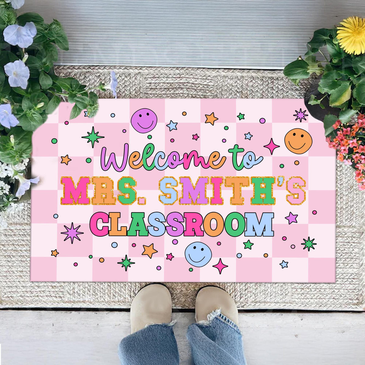 Personalized Name Classroom Doormat, Teacher Gift, Back To School Decor, Class Decoration, Groovy Door Mat, Office Door Decor