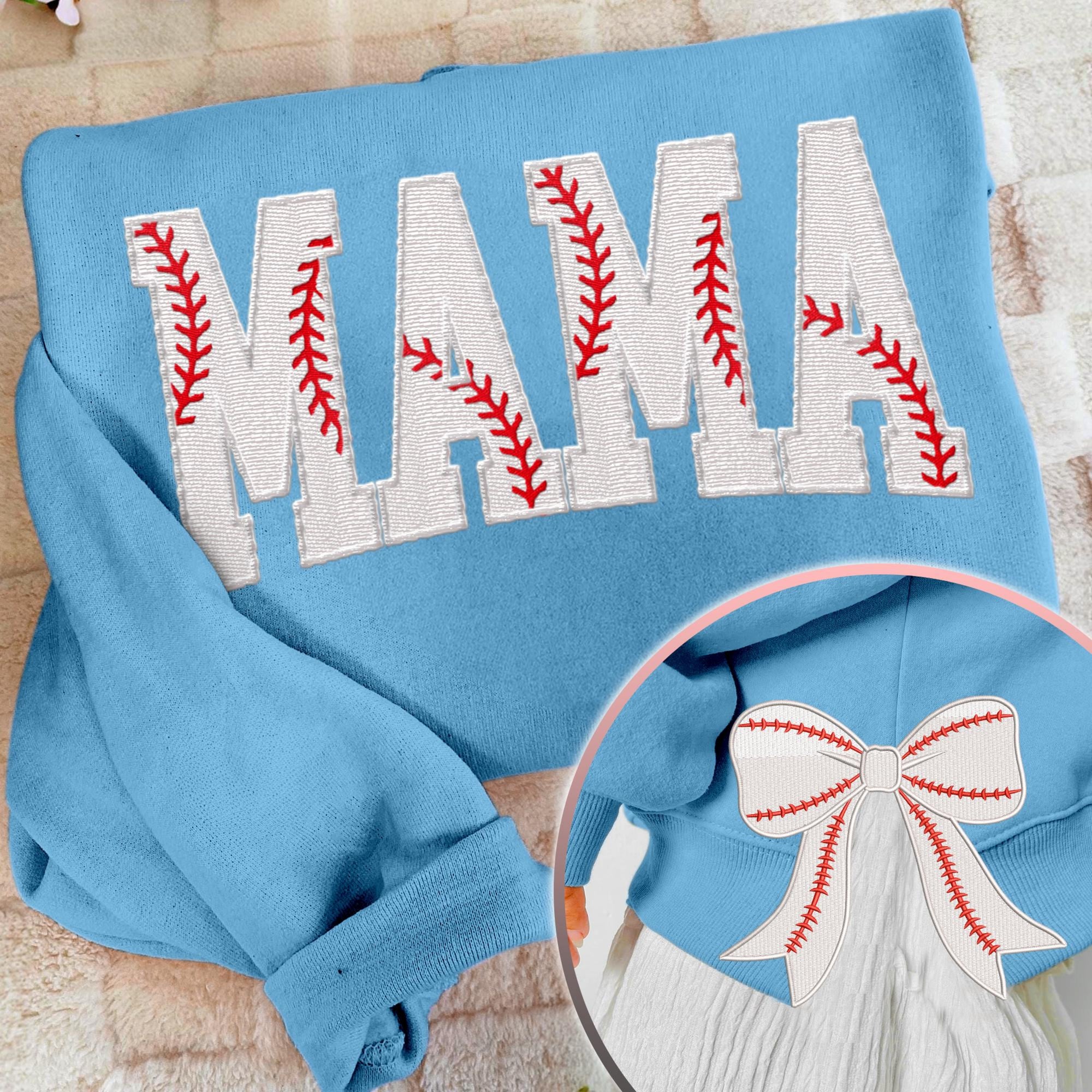 MAMA Baseball Coquette Side Bow Sweatshirt, Retro Trendy Coquette Lover Sweater, Bow Applique Pink Girl Gifts