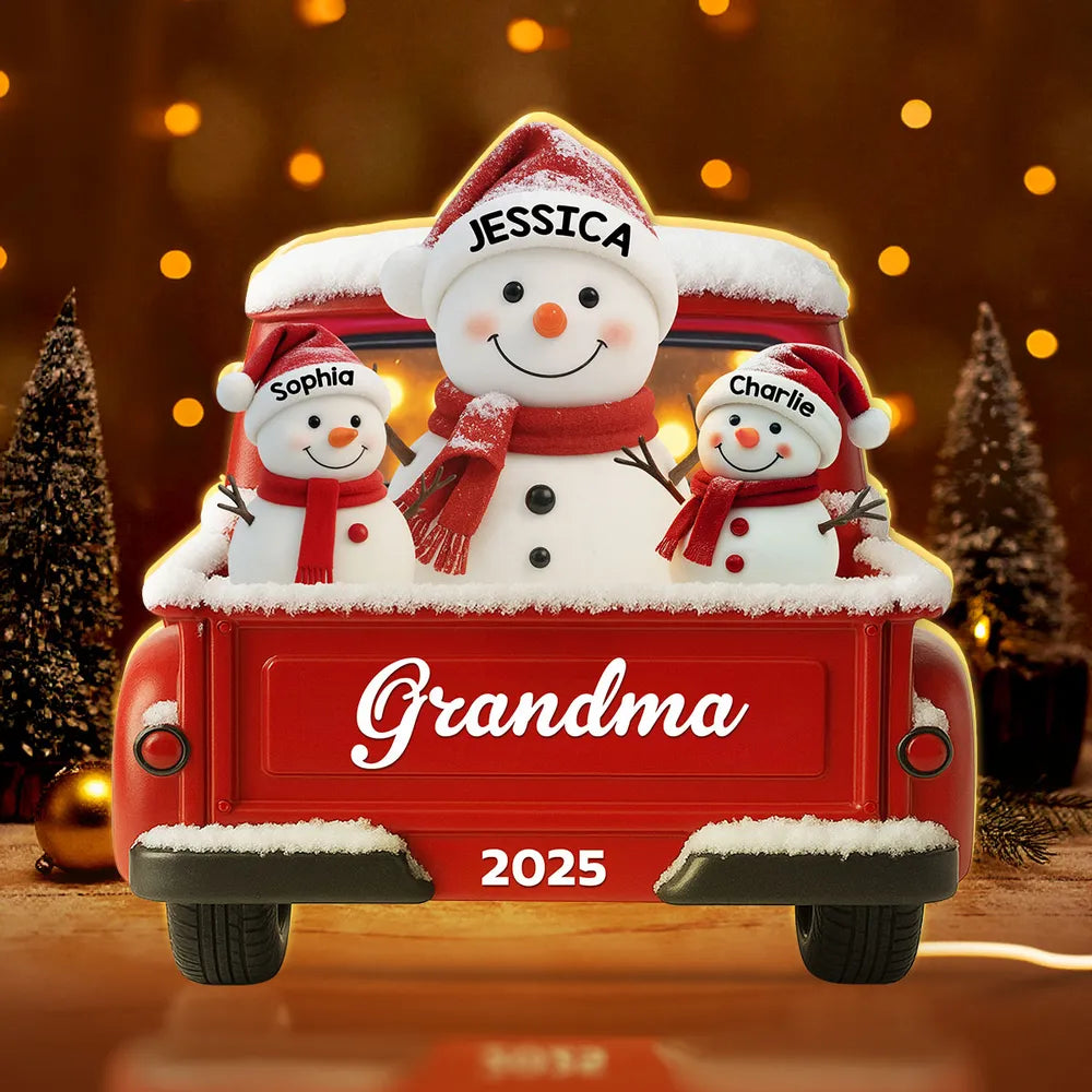 Snowman Grandma & Kids Christmas Red Truck - Personalized Acrylic Light Box - Christmas Gift For Mom, Grandma