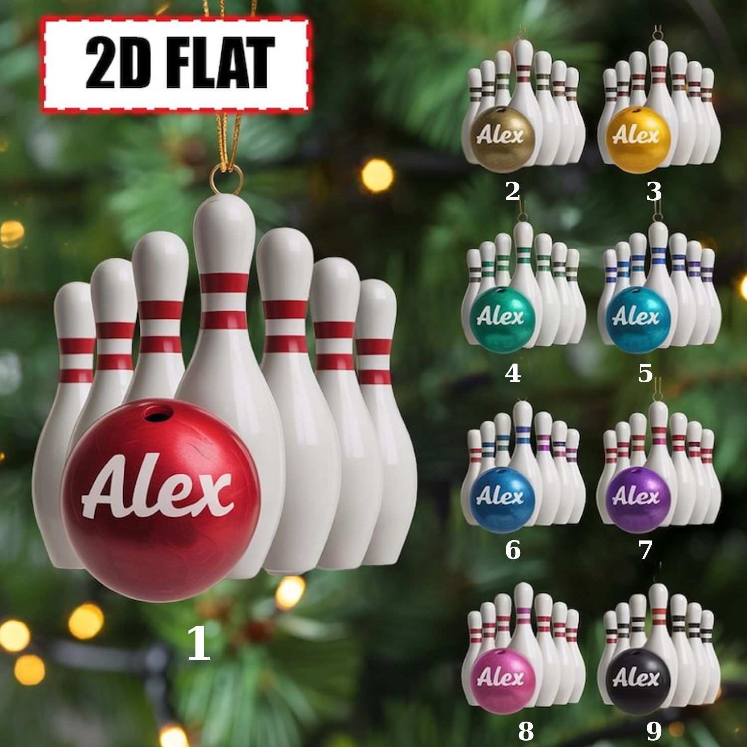 Personalized Bowling Christmas Ornament Tree Hanging Decor Flat 2D Acrylic Custom Bowling Ball & Pins Gift for Bowlers Teams Leagues Friends