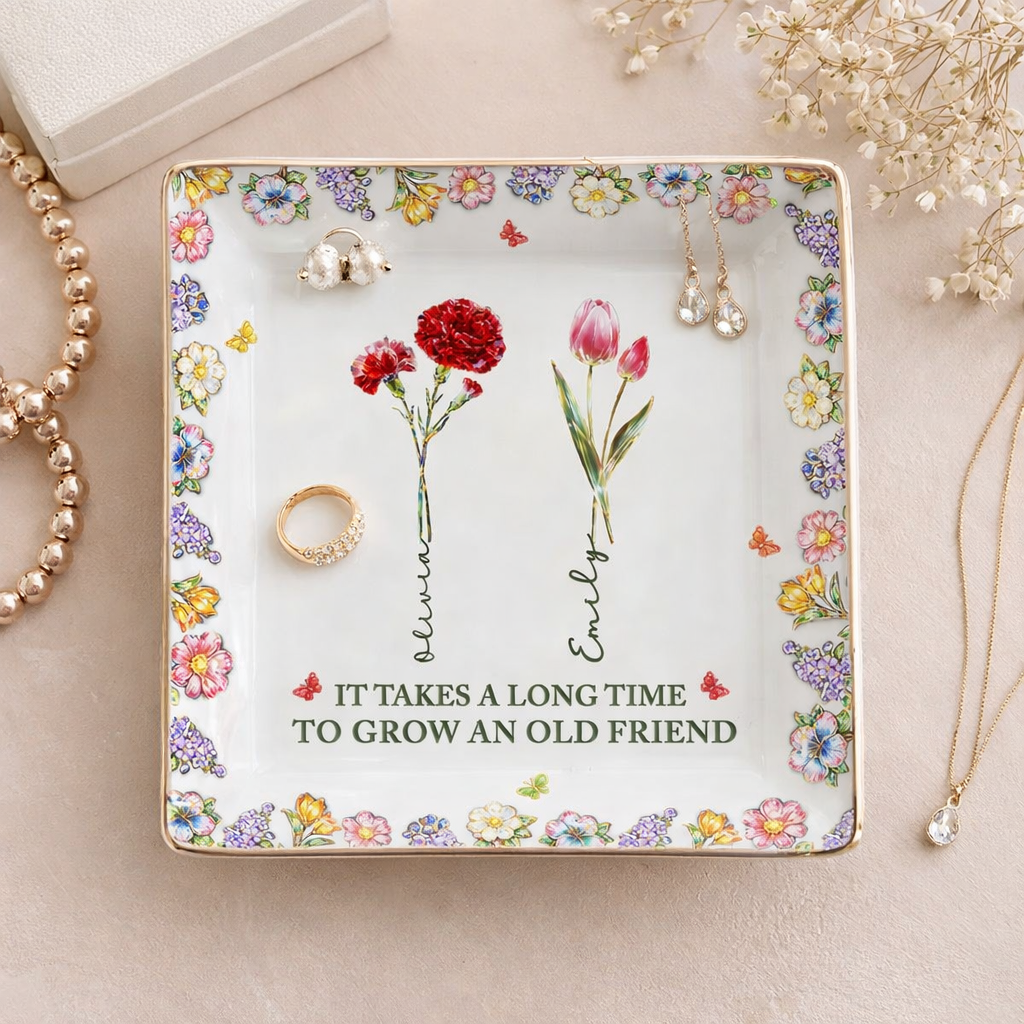 Personalized Floral Jewelry Dish, Custom Name Friendship Gift, Trinket Tray with 3D Effect Birth Flowers & Meaningful Quote