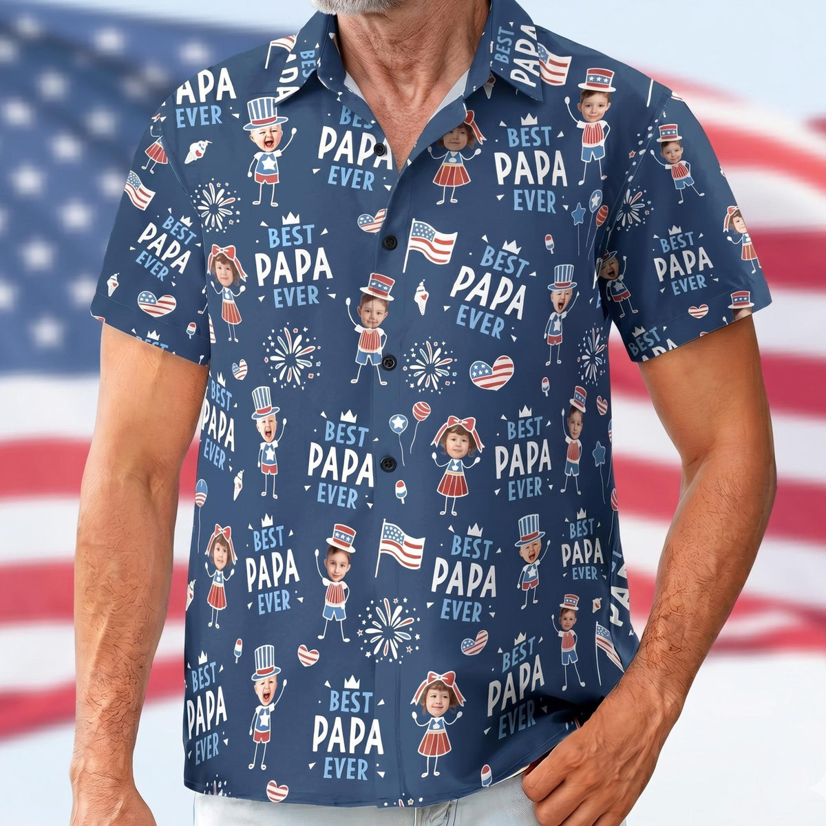 Personalized Funny Kid Potrait Photo Hawaiian Shirt, Best Dad Ever USA Flag America Shirt, Father's Day Gift For Dad, Husband Fourth of July
