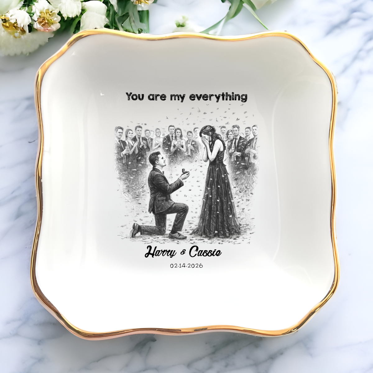 Personalized Proposal Photo Jewelry Dish - Custom Pencil Sketch Illustrated Engagement Keepsake Ring Tray with Names & Engaged Date