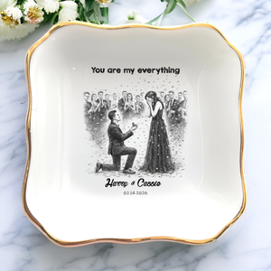 Personalized Proposal Photo Jewelry Dish - Custom Pencil Sketch Illustrated Engagement Keepsake Ring Tray with Names & Engaged Date
