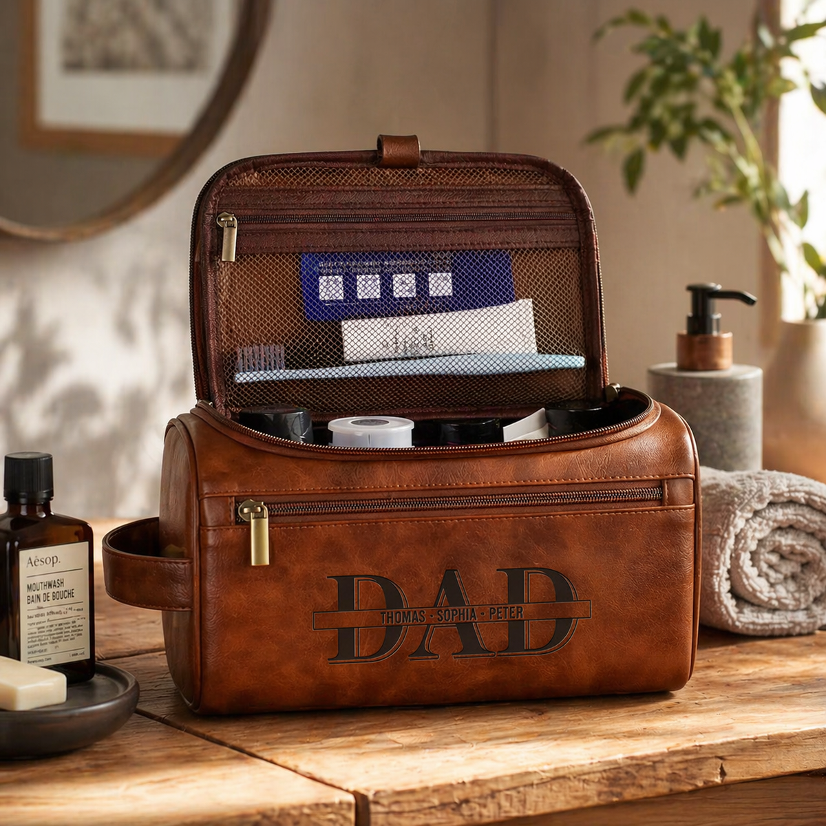 Custom Dad & Kids Name - Personalized Leather Toiletry Bag - Gift For Dad, Grandpa, Father's Day Gift