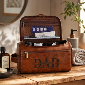 Custom Dad & Kids Name - Personalized Leather Toiletry Bag - Gift For Dad, Grandpa, Father's Day Gift
