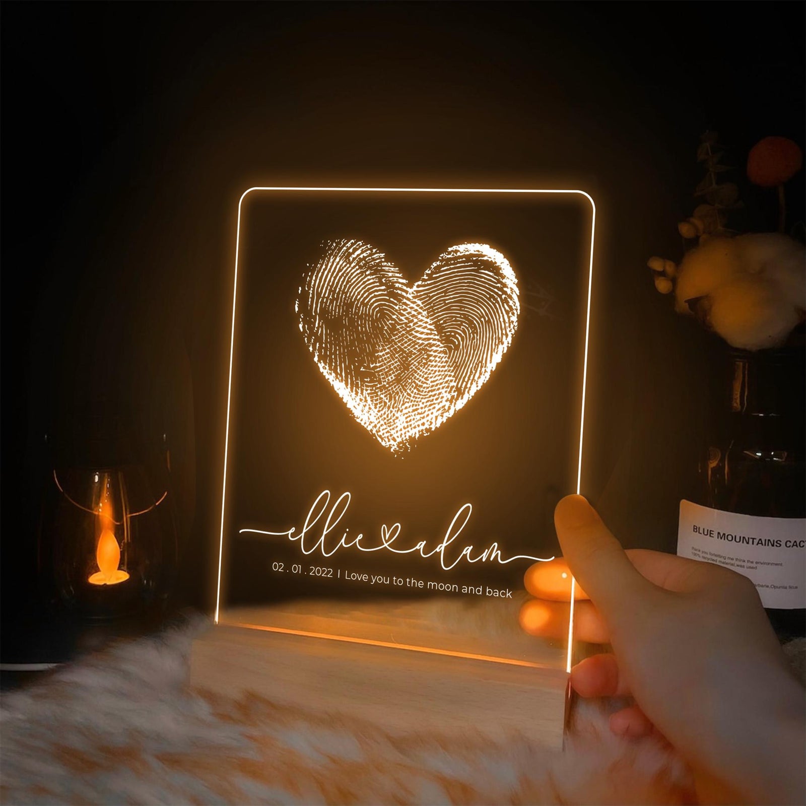 Custom Fingerprint Heart with Names, Personalized LED Light Wooden Base, Valentines Gift, Custom Lamp, Anniversary Gift