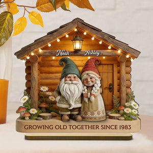 Eternal Love Gnome Couple At Wooden Cabin - Personalized Wooden Plaque - Heartfelt Gift For Couple