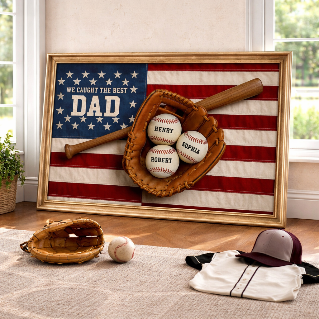Nation Flag We Caught The Best Dad Baseball 3D Effect Personalized Canvas, Unique Father's Day Gift For Dad