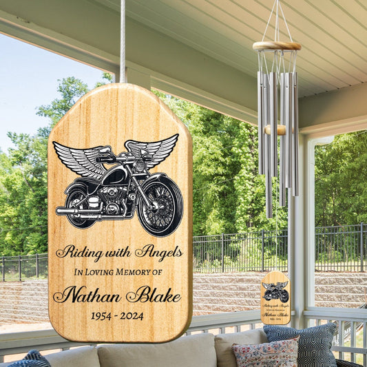 Motorcycle Memorial Wind Chime, Riding with Angels, Personalized Tribute Wind Chime, Remembrance Father Loss Gift, Loss of Loved One