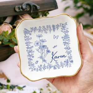 Personalized Birth Flower Trinket Dish, Custom Ceramic Jewelry Tray, Birthday Gift For Her