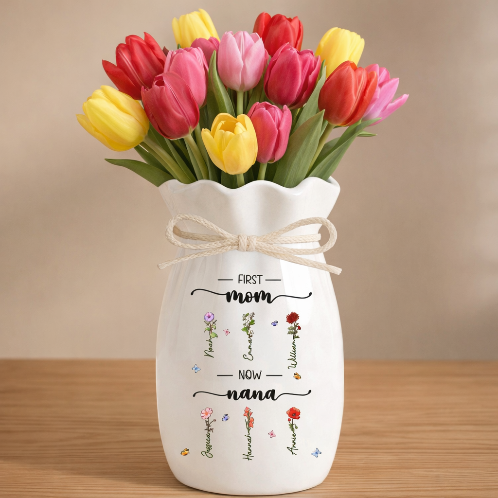 First Mom Now Grandma Custom Birth Month Flower - Personalized Flower Vase With Ribbon - Gift For Mom, Grandma, Mother's Day Gift
